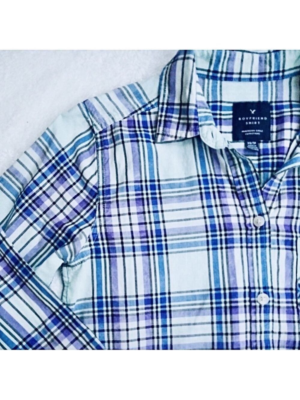 American Eagle Teal Purple And Blue Plaid Boyfriend Button Down Shirt - Picture 4 of 6